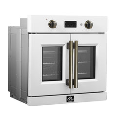 Forno Asti 30-Inch French Door Electric Wall Oven in White & Antique Brass, 3.68 cu. ft. True Convection, 3,600W, Air Fry, Sous Vide, Self-Clean - FBOEL1333-30WHT - The Home Selection