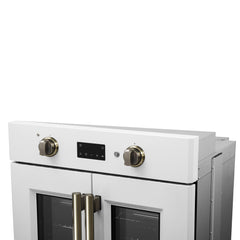 Forno Asti 30-Inch French Door Electric Wall Oven in White & Antique Brass, 3.68 cu. ft. True Convection, 3,600W, Air Fry, Sous Vide, Self-Clean - FBOEL1333-30WHT - The Home Selection