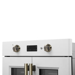 Forno Asti 30-Inch French Door Electric Wall Oven in White & Antique Brass, 3.68 cu. ft. True Convection, 3,600W, Air Fry, Sous Vide, Self-Clean - FBOEL1333-30WHT - The Home Selection