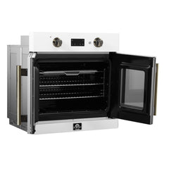 Forno Asti 30-Inch French Door Electric Wall Oven in White & Antique Brass, 3.68 cu. ft. True Convection, 3,600W, Air Fry, Sous Vide, Self-Clean - FBOEL1333-30WHT - The Home Selection