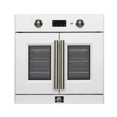 Forno Asti 30-Inch French Door Electric Wall Oven in White & Antique Brass, 3.68 cu. ft. True Convection, 3,600W, Air Fry, Sous Vide, Self-Clean - FBOEL1333-30WHT - The Home Selection