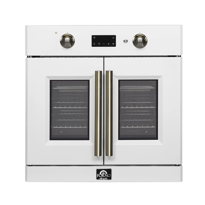 Forno Asti 30-Inch French Door Electric Wall Oven in White & Antique Brass, 3.68 cu. ft. True Convection, 3,600W, Air Fry, Sous Vide, Self-Clean - FBOEL1333-30WHT - The Home Selection
