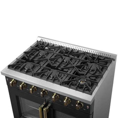 Forno Galiano 36-inch French Door Gas Range Black and Antique Brass Design, 6 Sealed Burners 83,000 BTU, 5.36 cu.ft. Convection Oven - FFSGS6444-36 - The Home Selection