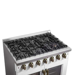 Forno Galiano 36-inch French Door Gas Range Black and Antique Brass Design, 6 Sealed Burners 83,000 BTU, 5.36 cu.ft. Convection Oven - FFSGS6444-36 - The Home Selection