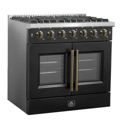 Forno Galiano 36-inch French Door Gas Range Black and Antique Brass Design, 6 Sealed Burners 83,000 BTU, 5.36 cu.ft. Convection Oven - FFSGS6444-36 - The Home Selection