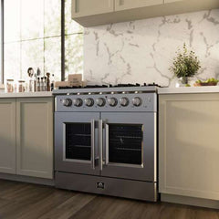 Forno Galiano 36-inch French Door Gas Range Black and Antique Brass Design, 6 Sealed Burners 83,000 BTU, 5.36 cu.ft. Convection Oven - FFSGS6444-36 - The Home Selection