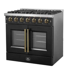 Forno Galiano 36-inch French Door Gas Range Black and Antique Brass Design, 6 Sealed Burners 83,000 BTU, 5.36 cu.ft. Convection Oven - FFSGS6444-36 - The Home Selection