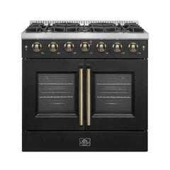 Forno Galiano 36-inch French Door Gas Range Black and Antique Brass Design, 6 Sealed Burners 83,000 BTU, 5.36 cu.ft. Convection Oven - FFSGS6444-36 - The Home Selection