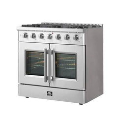 Forno Galiano 36-inch French Door Gas Range Black and Antique Brass Design, 6 Sealed Burners 83,000 BTU, 5.36 cu.ft. Convection Oven - FFSGS6444-36 - The Home Selection