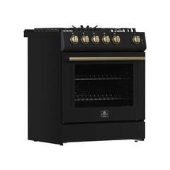 Forno Leonardo Espresso 30" Black Gas Range, 5 Burners, 39 500 BTU, 5 cu.ft. Convection Oven - FFSGS1116-30BLK - The Home Selection