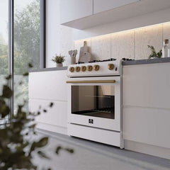 Forno Leonardo Espresso 30" White Gas Range, 5 Burners, 39 500 BTU, 5 cu.ft. Convection Oven - FFSGS1116-30WHT - The Home Selection