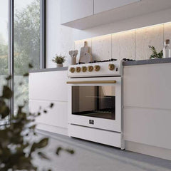 Forno Leonardo Espresso 30" White Gas Range, 5 Burners, 39 500 BTU, 5 cu.ft. Convection Oven - FFSGS1116-30WHT - The Home Selection