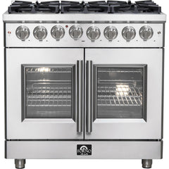 Forno Massimo 36" Freestanding French Door Dual Fuel Range with 6 Sealed Burners, 5.36 cu. ft. Oven Capacity, Continuous Grates, Air Fry and Convection Oven - FFSGS632536 - The Home Selection