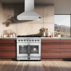 Forno Massimo 36" Freestanding French Door Dual Fuel Range with 6 Sealed Burners, 5.36 cu. ft. Oven Capacity, Continuous Grates, Air Fry and Convection Oven - FFSGS632536 - The Home Selection