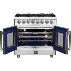 Forno Massimo 36" Freestanding French Door Dual Fuel Range with 6 Sealed Burners, 5.36 cu. ft. Oven Capacity, Continuous Grates, Air Fry and Convection Oven - FFSGS632536 - The Home Selection