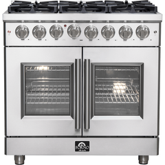 Forno Massimo 36" Freestanding French Door Dual Fuel Range with 6 Sealed Burners, 5.36 cu. ft. Oven Capacity, Continuous Grates, Air Fry and Convection Oven - FFSGS632536 - The Home Selection