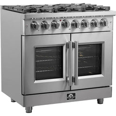 Forno Massimo 36" Freestanding French Door Dual Fuel Range with 6 Sealed Burners, 5.36 cu. ft. Oven Capacity, Continuous Grates, Air Fry and Convection Oven - FFSGS632536 - The Home Selection