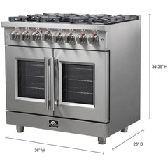 Forno Massimo 36" Freestanding French Door Dual Fuel Range with 6 Sealed Burners, 5.36 cu. ft. Oven Capacity, Continuous Grates, Air Fry and Convection Oven - FFSGS632536 - The Home Selection