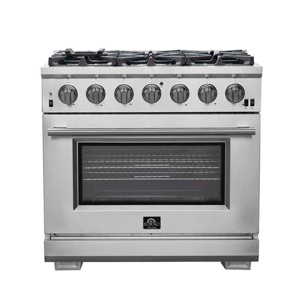 FORNO Premium 2-Piece Kitchen Bundle - Galiano 48" Stainless Steel Range, Forno Moena 36" French Door 19.2 cu. ft Stainless Steel Refrigerator, with Decorative Grill - 40"es Wide - FBDL-019-03CAUS - The Home Selection