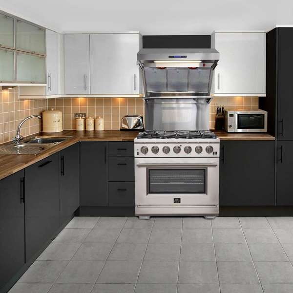 FORNO Premium 2-Piece Kitchen Bundle - Galiano 48" Stainless Steel Range, Forno Moena 36" French Door 19.2 cu. ft Stainless Steel Refrigerator, with Decorative Grill - 40"es Wide - FBDL-019-03CAUS - The Home Selection