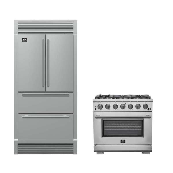 FORNO Premium 2-Piece Kitchen Bundle - Galiano 48" Stainless Steel Range, Forno Moena 36" French Door 19.2 cu. ft Stainless Steel Refrigerator, with Decorative Grill - 40"es Wide - FBDL-019-03CAUS - The Home Selection