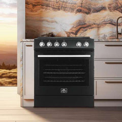 FORNO Premium 2-Piece Kitchen Bundle - Leonardo Espresso 30" Black Range, 31" Black Bottom Freezer Refrigerator - FBDL-003-02US - The Home Selection