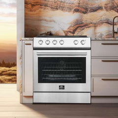 FORNO Premium 2-Piece Kitchen Bundle - Leonardo Espresso 30" Stainless Steel Range, 31" Stainless Steel Bottom Freezer Refrigerator - FBDL-003-01US - The Home Selection