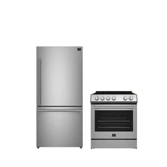 FORNO Premium 2-Piece Kitchen Bundle - Leonardo Espresso 30" Stainless Steel Range, 31" Stainless Steel Bottom Freezer Refrigerator - FBDL-003-01US - The Home Selection