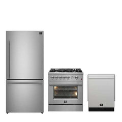 FORNO Premium 3-Piece Kitchen Bundle - 30" Gas Range, French Door Refrigerator, Built-In Dishwasher, Stainless Steel - FBDL-012-01CAUS - The Home Selection