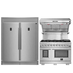 FORNO Premium 3-Piece Kitchen Bundle - FORNO Capriasca 48" Freestanding Gas Range, FORNO Rizzuto 60" W. Dual Combo Convertible Refrigerator, FORNO 48" Wall Mount Range Hood - FBDL-019-05US - The Home Selection