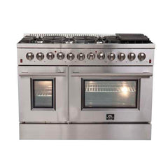 FORNO Premium 3-Piece Kitchen Bundle Galiano 48" Dual Fuel Range, Rizzuto 60" W. Dual Combo Convertible Refrigerator, and 48" Wall Mount Range Hood - FBDL-017-02US - The Home Selection