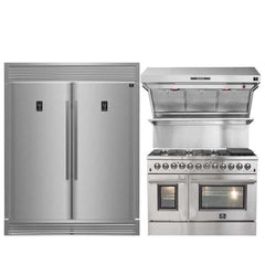 FORNO Premium 3-Piece Kitchen Bundle Galiano 48" Dual Fuel Range, Rizzuto 60" W. Dual Combo Convertible Refrigerator, and 48" Wall Mount Range Hood - FBDL-017-02US - The Home Selection