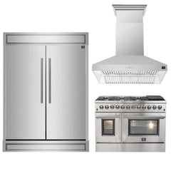 FORNO Premium 3-Piece Kitchen Bundle Galiano 48" Freestanding Dual Fuel Range, Maderno 60" Convertible Refrigerator/Freezer with Decorative Grill Trim, & Orvieto 48" Wall Mount Range Hood - FBDL-017-04CAUS - The Home Selection