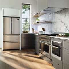 FORNO Premium 3-Piece Kitchen Bundle Galiano 48" Freestanding Gas Range, Rizzuto 60" Dual Combo Convertible Refrigerator, and 48" Wall Mount Range Hood - FBDL-018-02US - The Home Selection