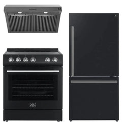 FORNO Premium 3-Piece Kitchen Bundle - Leonardo Espresso 30" Black Range, 30" Black Range Hood, 31" Black Bottom Freezer Refrigerator - FBDL-001-02US - The Home Selection