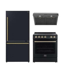 FORNO Premium 3-Piece Kitchen Bundle - Leonardo Espresso 30" Black Range, 30" Black Range Hood, 31" Black Bottom Freezer Refrigerator - FBDL-001-02US - The Home Selection