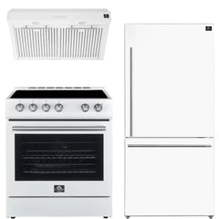 FORNO Premium 3-Piece Kitchen Bundle - Leonardo Espresso 30" White Range, 30" White Range Hood, 31" White Bottom Freezer Refrigerator - FBDL-001-03US - The Home Selection