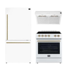 FORNO Premium 3-Piece Kitchen Bundle - Leonardo Espresso 30" White Range, 30" White Range Hood, 31" White Bottom Freezer Refrigerator - FBDL-001-03US - The Home Selection