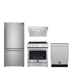 FORNO Premium 4-Piece Kitchen Bundle - 30" Electric Range, 30" Range Hood, 31" French Door Refrigerator, 24" Built-In Dishwasher, Stainless Steel - FBDL-010-01US - The Home Selection