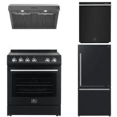 FORNO Premium 4-Piece Kitchen Bundle - Leonardo Espresso 30" Black Range, 30" Black Range Hood, 31" Black Bottom Freezer Refrigerator, 24" Black Built-In Dishwasher - 686136998703 - The Home Selection