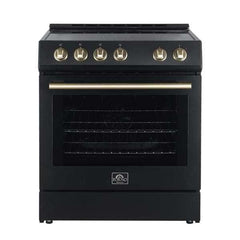 FORNO Premium 4-Piece Kitchen Bundle - Leonardo Espresso 30" Black Range, 30" Black Range Hood, 31" Black Bottom Freezer Refrigerator, 24" Black Built-In Dishwasher - 686136998703 - The Home Selection