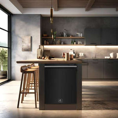 FORNO Premium 4-Piece Kitchen Bundle - Leonardo Espresso 30" Black Range, 30" Black Range Hood, 31" Black Bottom Freezer Refrigerator, 24" Black Built-In Dishwasher - 686136998703 - The Home Selection