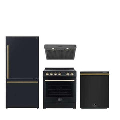 FORNO Premium 4-Piece Kitchen Bundle - Leonardo Espresso 30" Black Range, 30" Black Range Hood, 31" Black Bottom Freezer Refrigerator, 24" Black Built-In Dishwasher - 686136998703 - The Home Selection