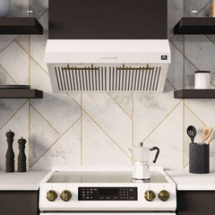 FORNO Premium 4-Piece Kitchen Bundle - Leonardo Espresso 30" White Range, 30" White Range Hood, 31" White Bottom Freezer Refrigerator, 24" White Built-In Dishwasher - FBDL-006-03US - The Home Selection
