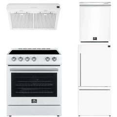 FORNO Premium 4-Piece Kitchen Bundle - Leonardo Espresso 30" White Range, 30" White Range Hood, 31" White Bottom Freezer Refrigerator, 24" White Built-In Dishwasher - FBDL-006-03US - The Home Selection