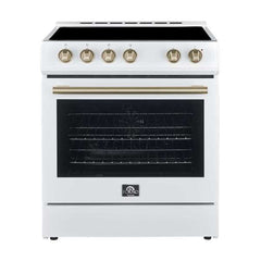 FORNO Premium 4-Piece Kitchen Bundle - Leonardo Espresso 30" White Range, 30" White Range Hood, 31" White Bottom Freezer Refrigerator, 24" White Built-In Dishwasher - FBDL-006-03US - The Home Selection