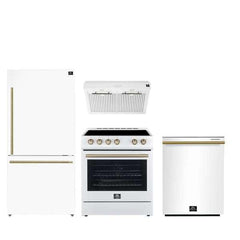 FORNO Premium 4-Piece Kitchen Bundle - Leonardo Espresso 30" White Range, 30" White Range Hood, 31" White Bottom Freezer Refrigerator, 24" White Built-In Dishwasher - FBDL-006-03US - The Home Selection
