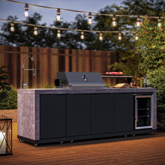 Forno Rimini Outdoor Kitchen 30" BBQ 62,600 BTU, 3 Burners with Sear & Rotisserie, 2.4 cu.ft. Beverage Center, Stainless Steel Sink, Black Cabinets & Gray Sintered Stone Countertop - FODKT2544BLK - The Home Selection