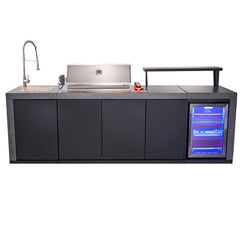 Forno Rimini Outdoor Kitchen 30" BBQ 62,600 BTU, 3 Burners with Sear & Rotisserie, 2.4 cu.ft. Beverage Center, Stainless Steel Sink, Black Cabinets & Gray Sintered Stone Countertop - FODKT2544BLK - The Home Selection