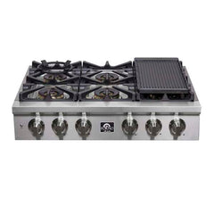 Forno Spezia 36-Inch Gas Cooktop, 6 Burners. Wok Ring and Grill/Griddle in Stainless Steel - FCTGS5751-36 - The Home Selection